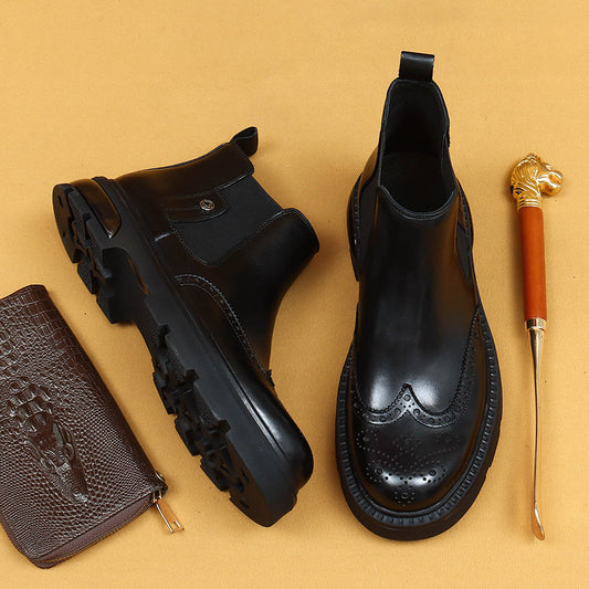 Chaussures en cuir de vachette de première couche pour hommes, bottes Chelsea d'hiver en cuir pour hommes, chaussures d'affaires décontractées à plateforme à coussin d'air, style britannique, brogue sculpté66297
