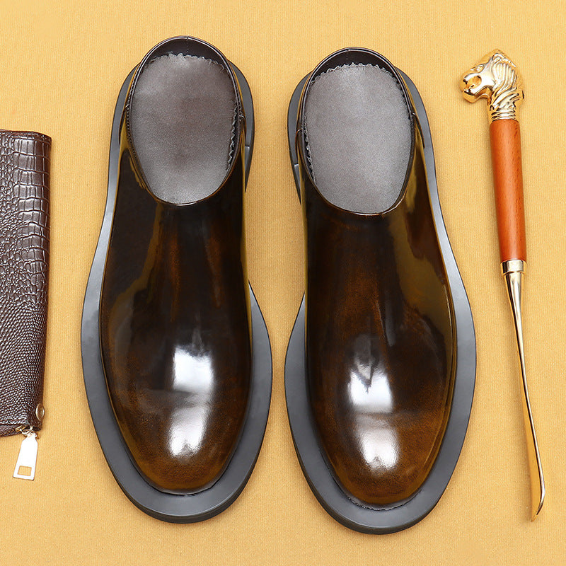 Top Layer Cowhide Men's Leather Shoes Half Slippers Men's Slip-on Platform Leather Shoes Genuine Leather Shiny Patent Leather Korean Fashion Big Head Shoes23670