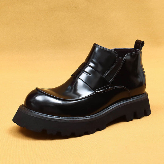 Chaussures en cuir de vachette de première couche pour hommes, chaussures à bout large, bottes pour hommes à gros pieds, bottes Chelsea à plateforme brillantes en cuir véritable doublées de polaire d'hiver 23699