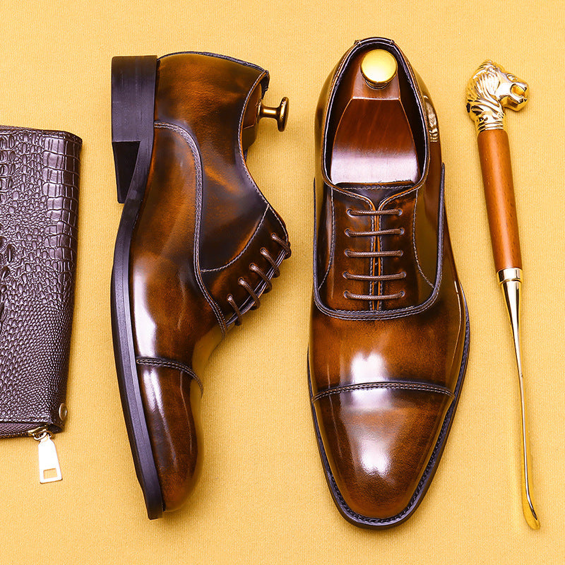 Chaussures en cuir de vachette de première couche pour hommes, vêtements de cérémonie pour hommes, chaussures Oxford pointues en cuir véritable, chaussures pour hommes en cuir verni brillant
