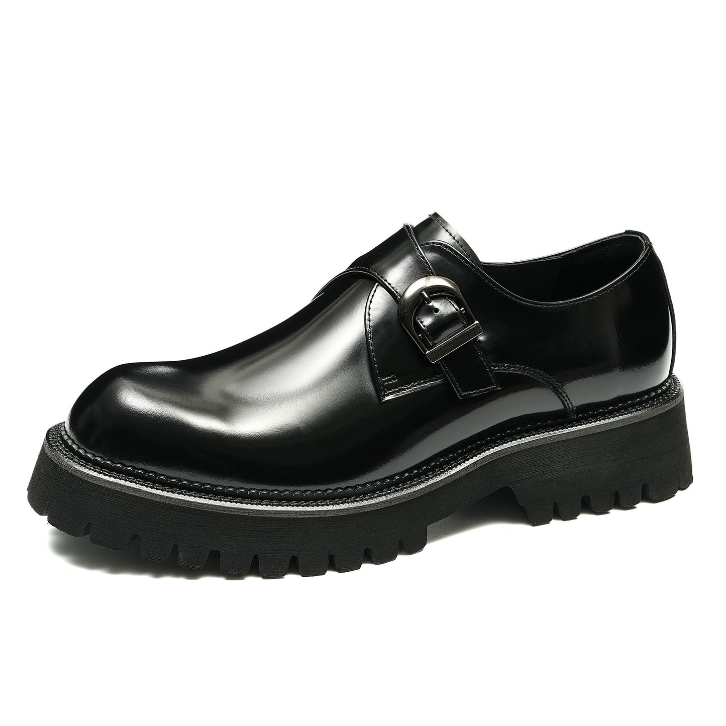 Men's Thick-Soled Leather Shoes British Business Casual Leather Buckle Monk Shoes British Pointed Glossy Dress Shoes23681