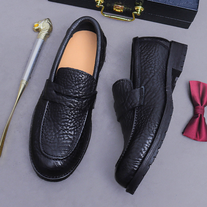 Men's Cowhide Leather Shoes with Lychee Pattern Embossing, Slip-On Leather Sole Loafers, Business Style Men's Shoes 1570-53