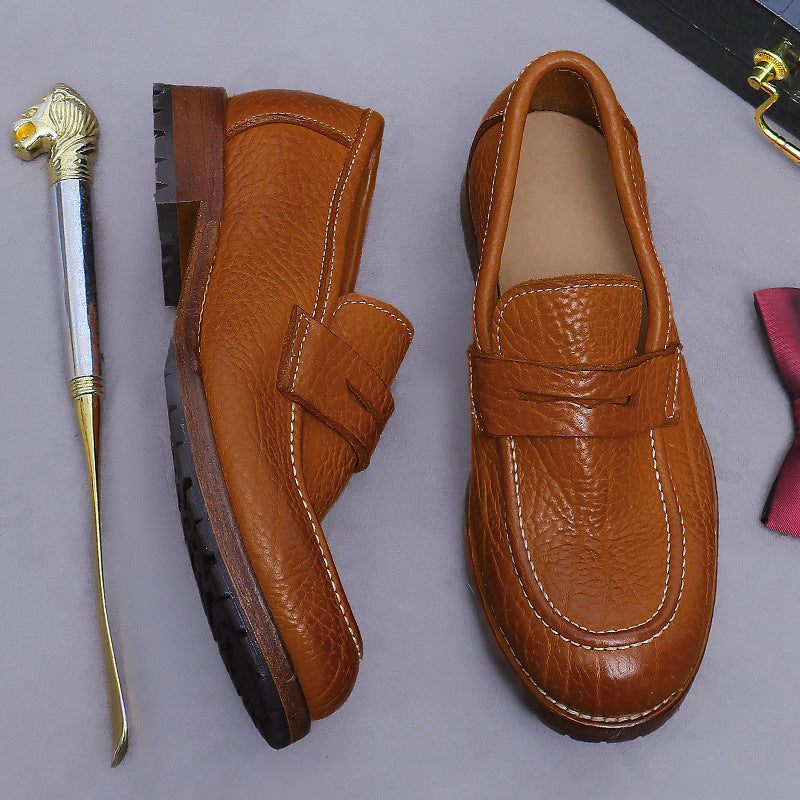 Men's Cowhide Leather Shoes with Lychee Pattern Embossing, Slip-On Leather Sole Loafers, Business Style Men's Shoes 1570-53