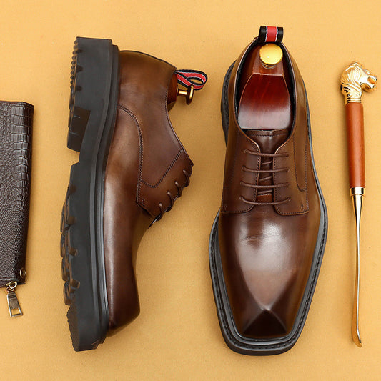 Erste Schicht Rindsleder Herren Lederschuhe Dicke Sohle Lederschuhe Herren Derby Business Freizeitschuhe Echtes Leder England Stil Retro Square Toe Aufzug Schuhe68903