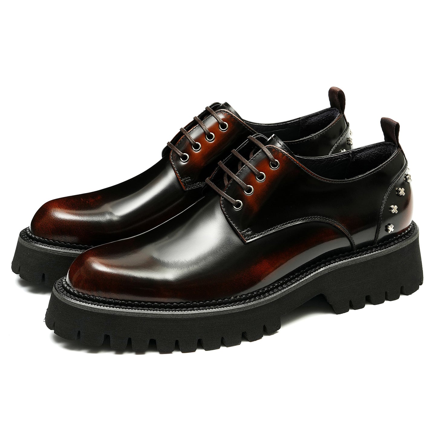 Layer Platform Height Increasing Shoes Genuine Leather England Style Rivet Business Casual Shoes Bright Leather Formal Shoes23671