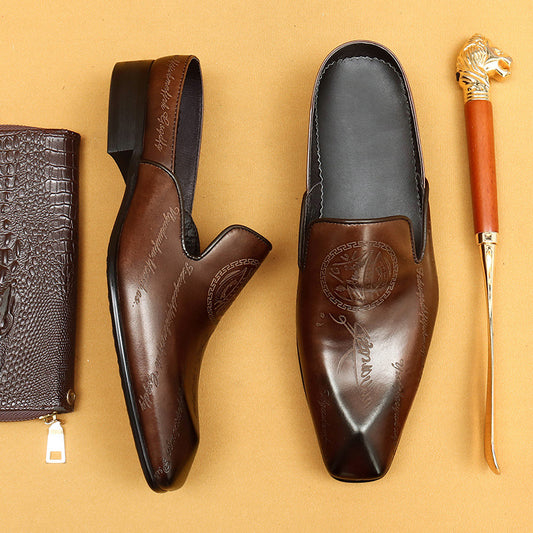 Chaussures en cuir de vachette de première couche pour hommes, pantoufles à bout fermé, vêtements d'extérieur d'été pour hommes, pantoufles d'affaires sculptées de style anglais en cuir véritable 68880