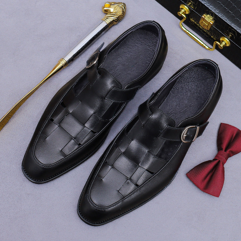 Chinese Retro Cool Leather Shoes for Men Genuine Leather Cowhide Buckle Hollow Business Work Casual Shoes 65129