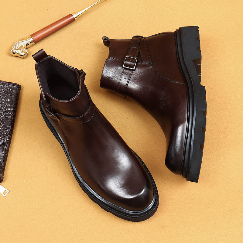 Top Layer Cowhide Men's Leather Shoes Black Chelsea round Toe Boots First Layer Cowhide Business Casual Platform Winter Martin Boots86210
