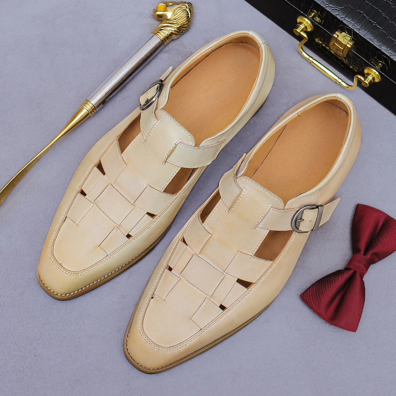 Chinese Retro Cool Leather Shoes for Men Genuine Leather Cowhide Buckle Hollow Business Work Casual Shoes 65129
