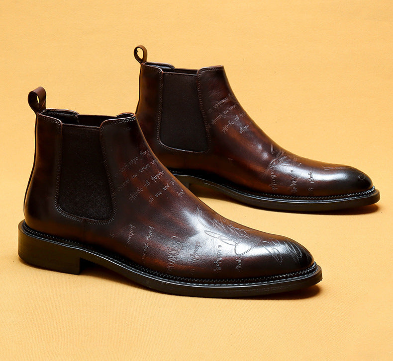 Top Layer Cowhide Men's Leather Shoes Chelsea Boots Men's Genuine Leather England Style Ankle Boots Pointed Carved Business Formal Wear High-Top Martin Boots89613
