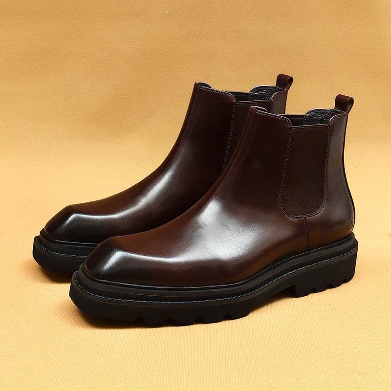 Top Layer Cowhide Men's Leather Shoes Winter Chelsea Men's Boots Authentic Leather Square Toe Short Tube High-Top Platform Business Casual Leather Boots86216