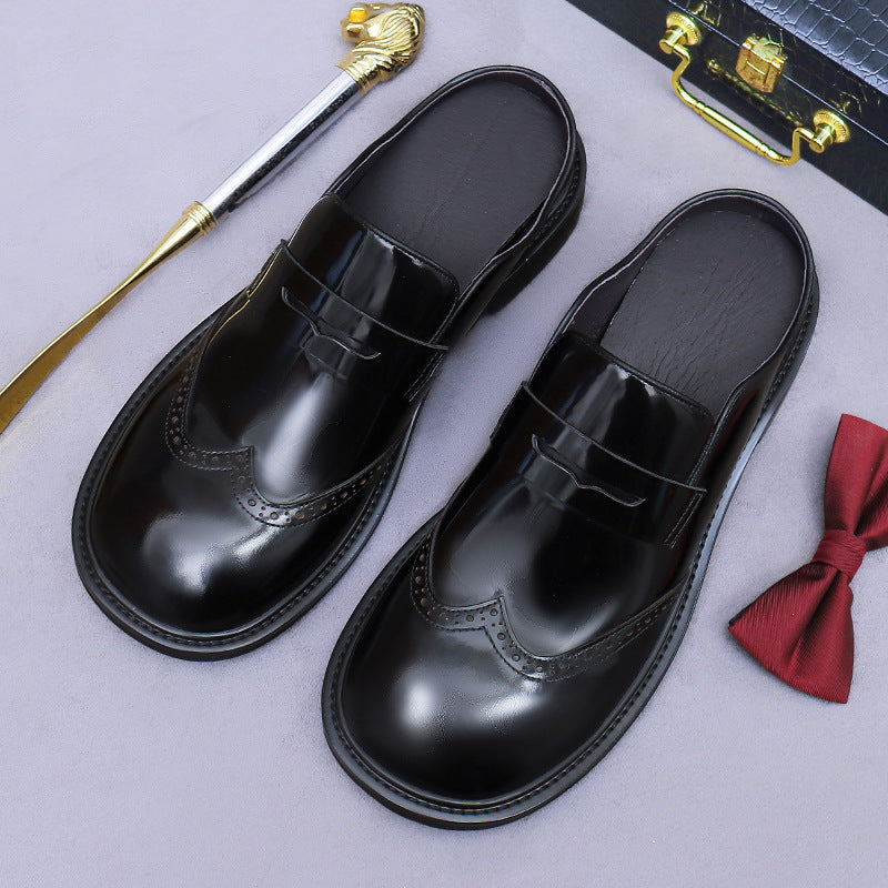 Large Round Toe Men's Shoes Flat Toe Men's British Business Casual Cowhide Genuine Leather Shoes Half Slip-on British Wide Foot Men's Shoes 23710