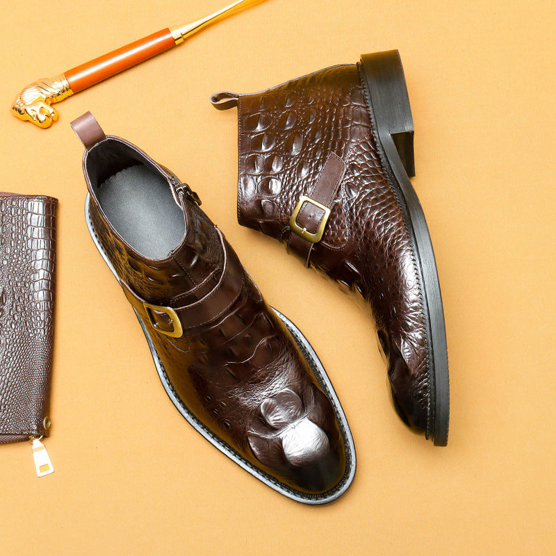 Erste Schicht Rindsleder Herren Lederschuhe Martin Stiefel Herren echtes Leder Krokodilmuster Trendy Business Abendgarderobe Britische spitze Reißverschluss High-Top Schuhe89615