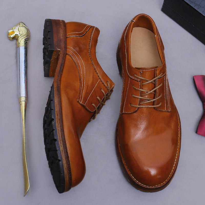 Horse Leather Business Formal Men's Leather Shoes Trendy Cowhide Sole Breathable Retro Handmade Derby Wedding Shoes 1571-1