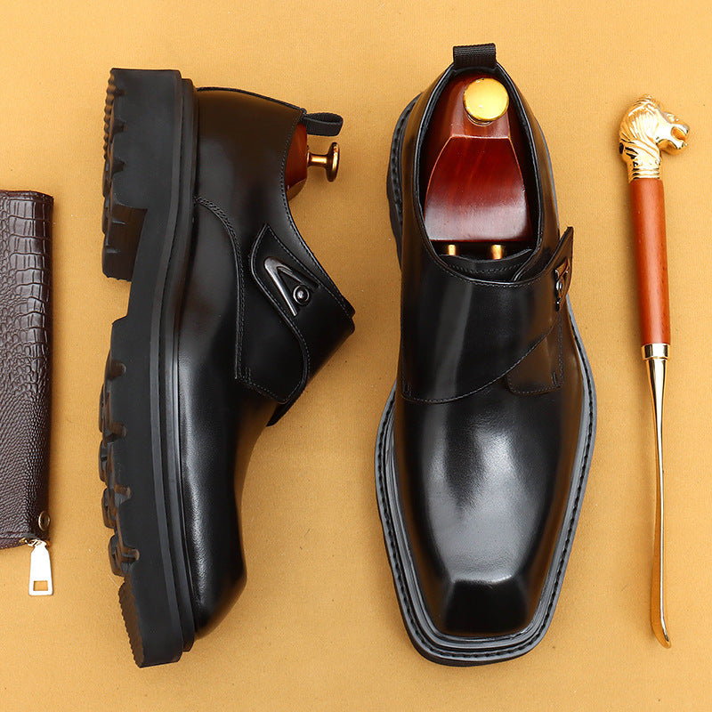 Top Layer Cowhide Men's Leather Shoes Thick Bottom Leather Shoes Men's Korean Style Leather Velcro Square Toe Wide Foot Business Casual Elevator Shoes68906