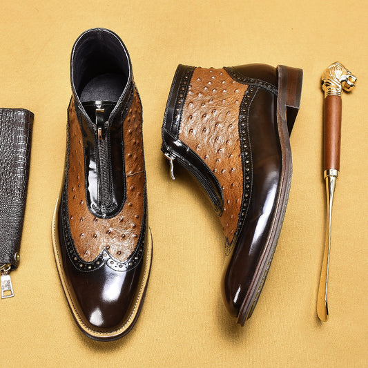 Chaussures en cuir de vachette pour hommes de première couche Bottes pour hommes Bottes Martin pointues en cuir véritable à grain d'autruche avec fermeture éclair en relief Bottes Chelsea en cuir brillant 21018