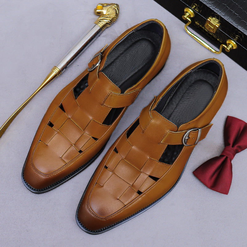 Chinese Retro Cool Leather Shoes for Men Genuine Leather Cowhide Buckle Hollow Business Work Casual Shoes 65129