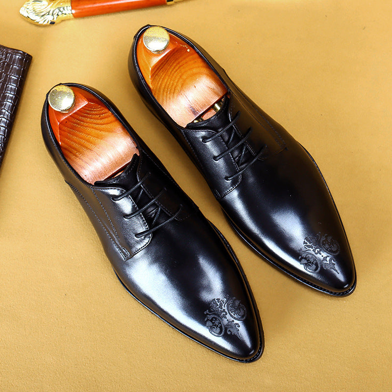 Top Layer Cowhide Men's Leather Shoes British Business Dress Leather Shoes Men's Breathable Genuine Cattlehide Leather Surface Pointed Carved Derby Shoes25829