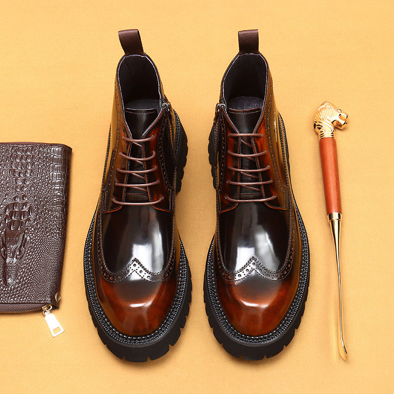 Top Layer Cowhide Men's Leather Shoes Martin Boots Men High Top British Style Carved Genuine Leather Brogue Boots Glossy Platform High-Top Shoes23683
