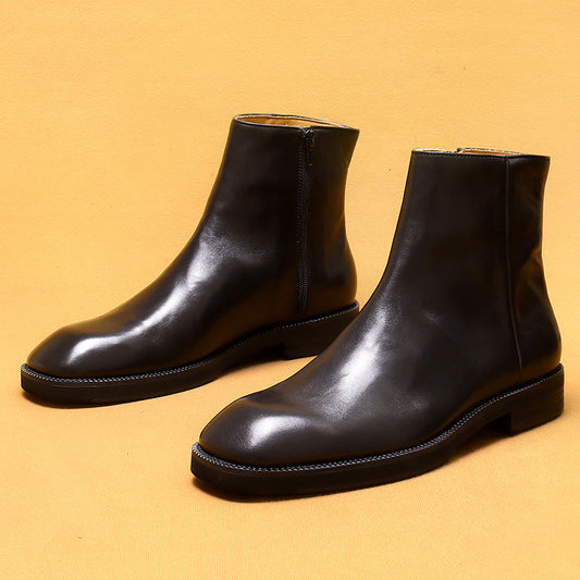 Top Layer Cowhide Men's Leather Shoes Martin Boots Genuine Leather England Style Vintage Knight Boots Square Toe Zip Cowhide96122