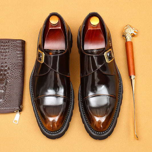 Top Layer Cowhide Men's Leather Shoes  Hot Selling High-Grade Glossy Leather Shoes Men's Cowhide Inner Thick Bottom Monk Shoes96129