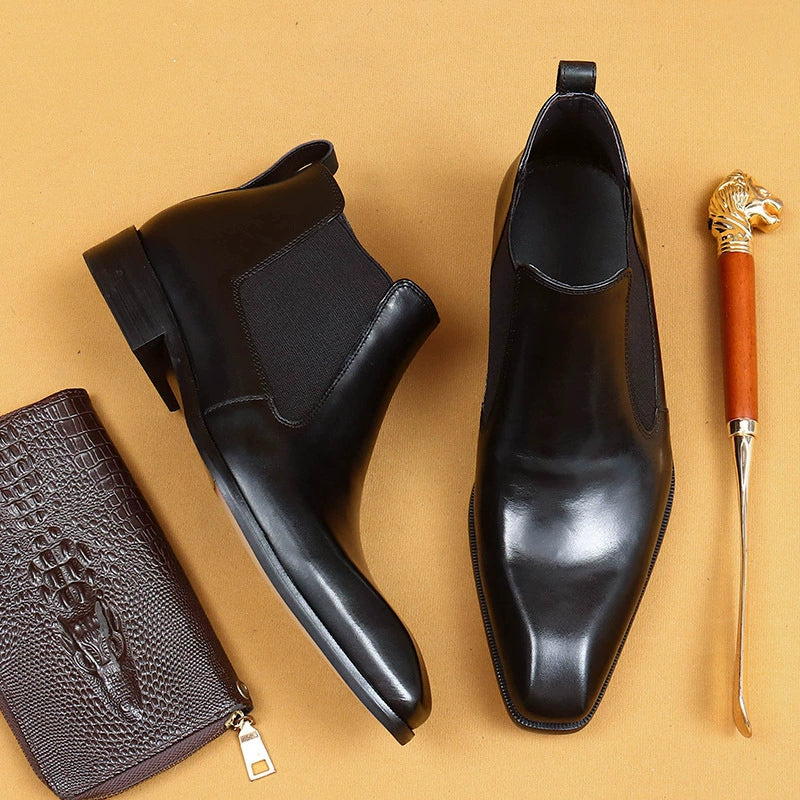 Chaussures en cuir de vachette pour hommes de première couche Bottines Chelsea Bottes courtes pour hommes en cuir véritable Style anglais Bout pointu Hiver Tenue de soirée d'affaires Bottes en cuir de vachette 65126 