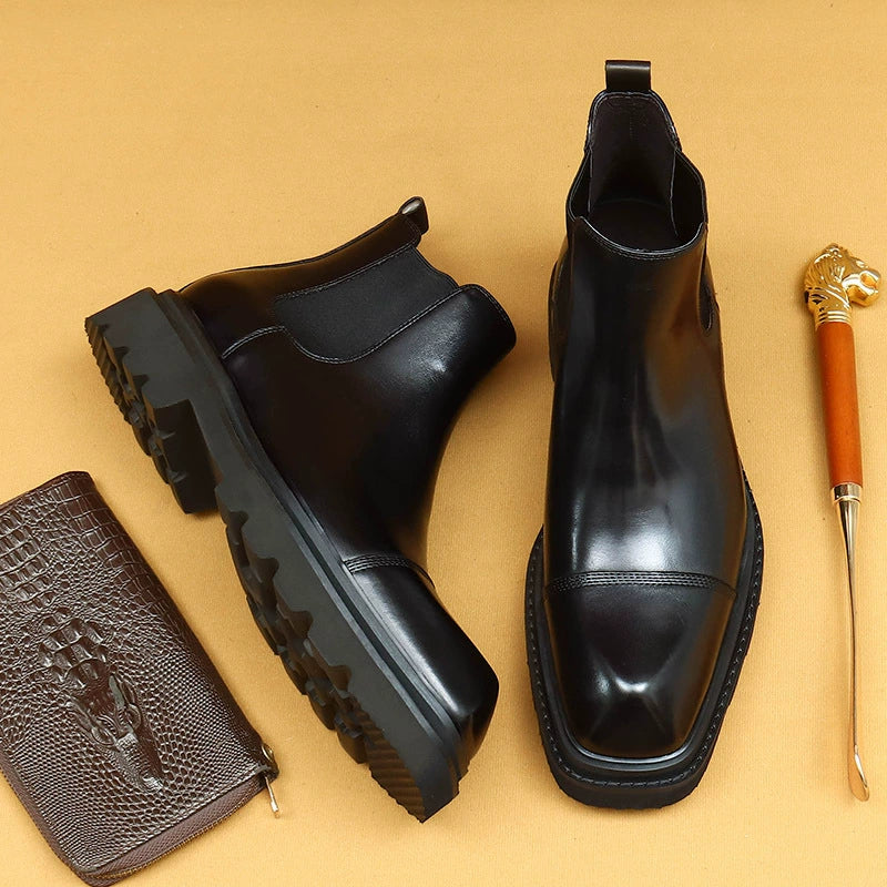 Thick-Sole Genuine Leather Martin Boots 86217