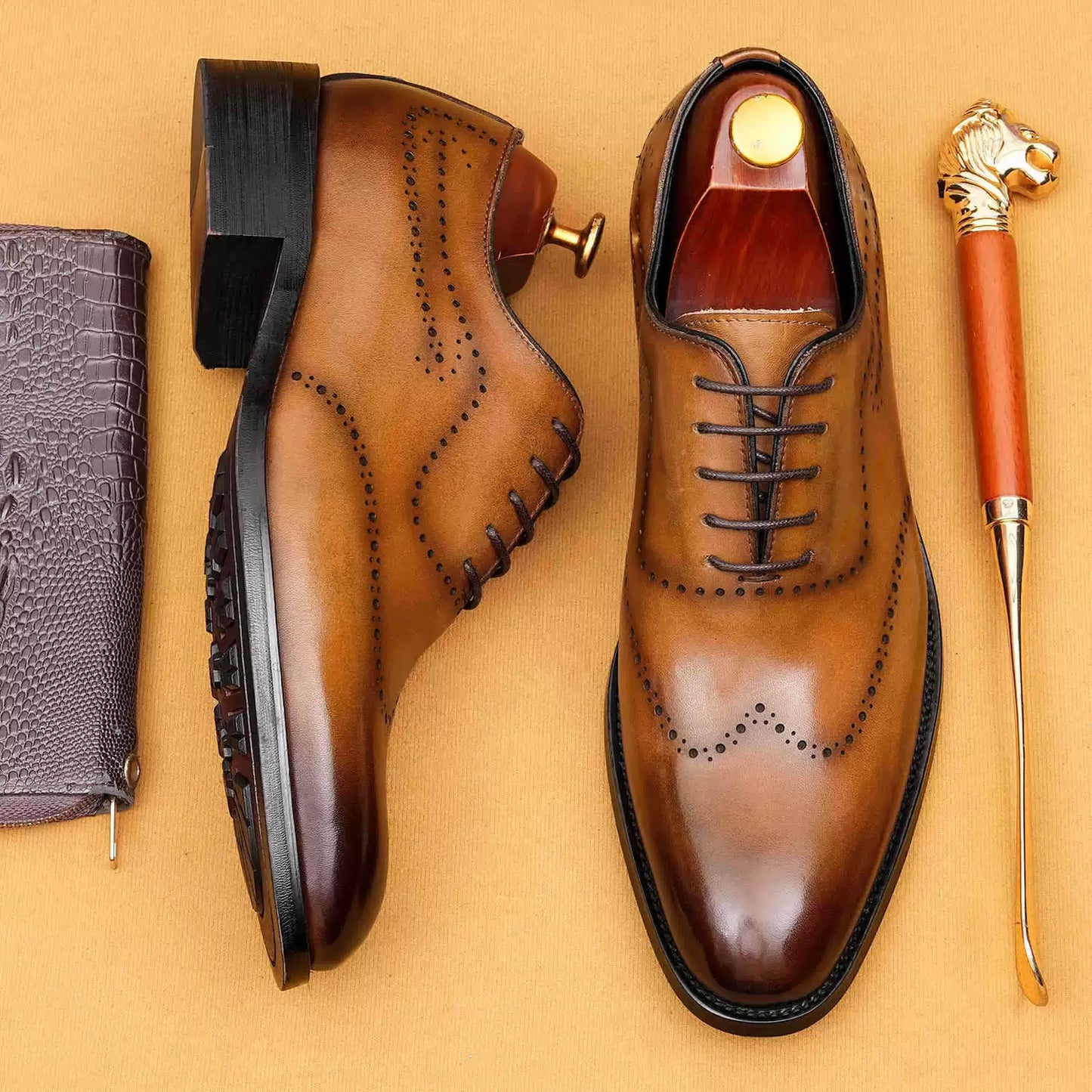 Men’s One-Piece Genuine Leather Brogue Oxford Shoes 68925