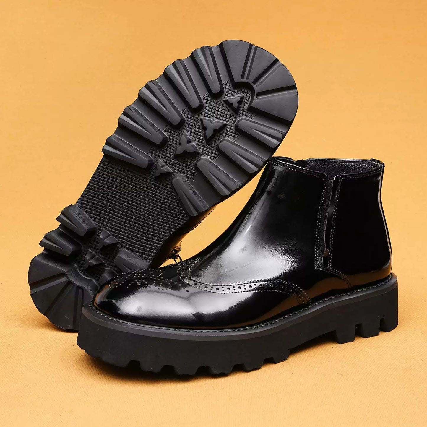 Men’s Premium Shiny Leather Brogue Chelsea Boots 25897