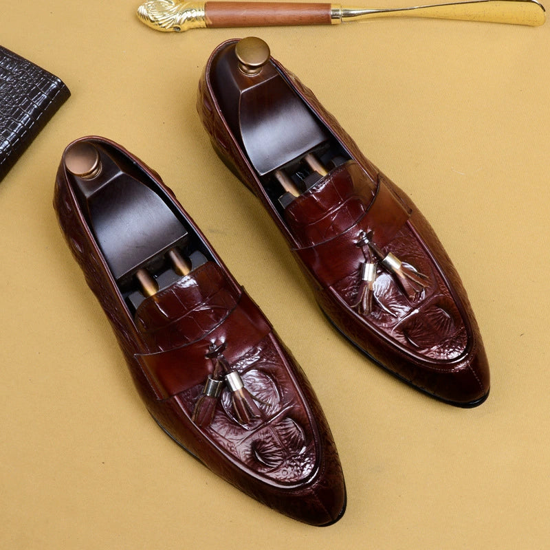Men’s British Crocodile-Embossed Leather Tassel Loafers 25826
