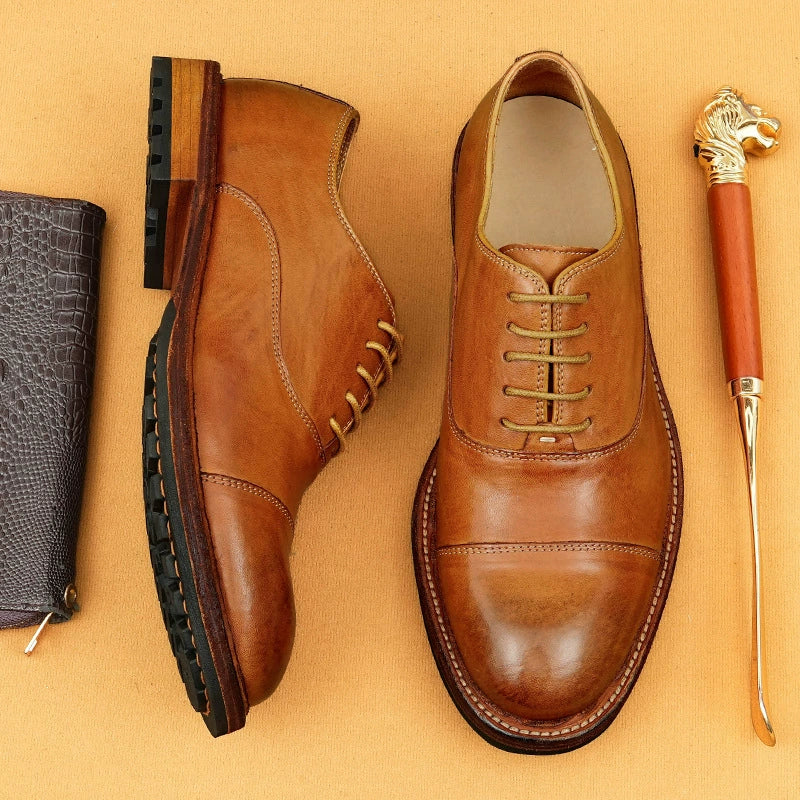 Chaussures en cuir de vachette de première couche pour hommes Chaussures en cuir décontractées pour hommes Pieds larges Britanniques Brillants Grosse Tête Chaussures Derby pour hommes en cuir de vachette de première couche 23692