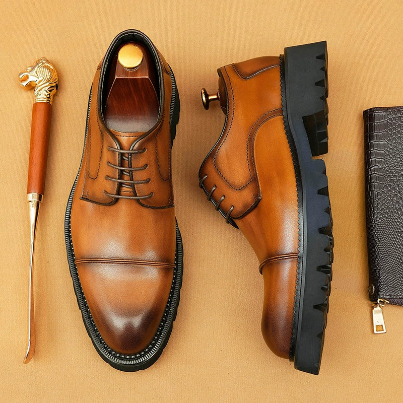 Men’s British-Style 3-Cap Genuine Leather Shoes 96126