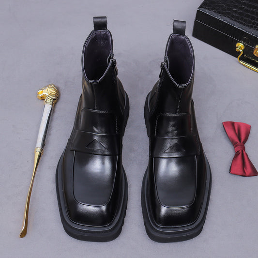 Men's Boots New British Style Patchwork Leather Martin Boots Men's Side Zipper Genuine Leather Warm Slip-On Square Toe Business Boots 96193