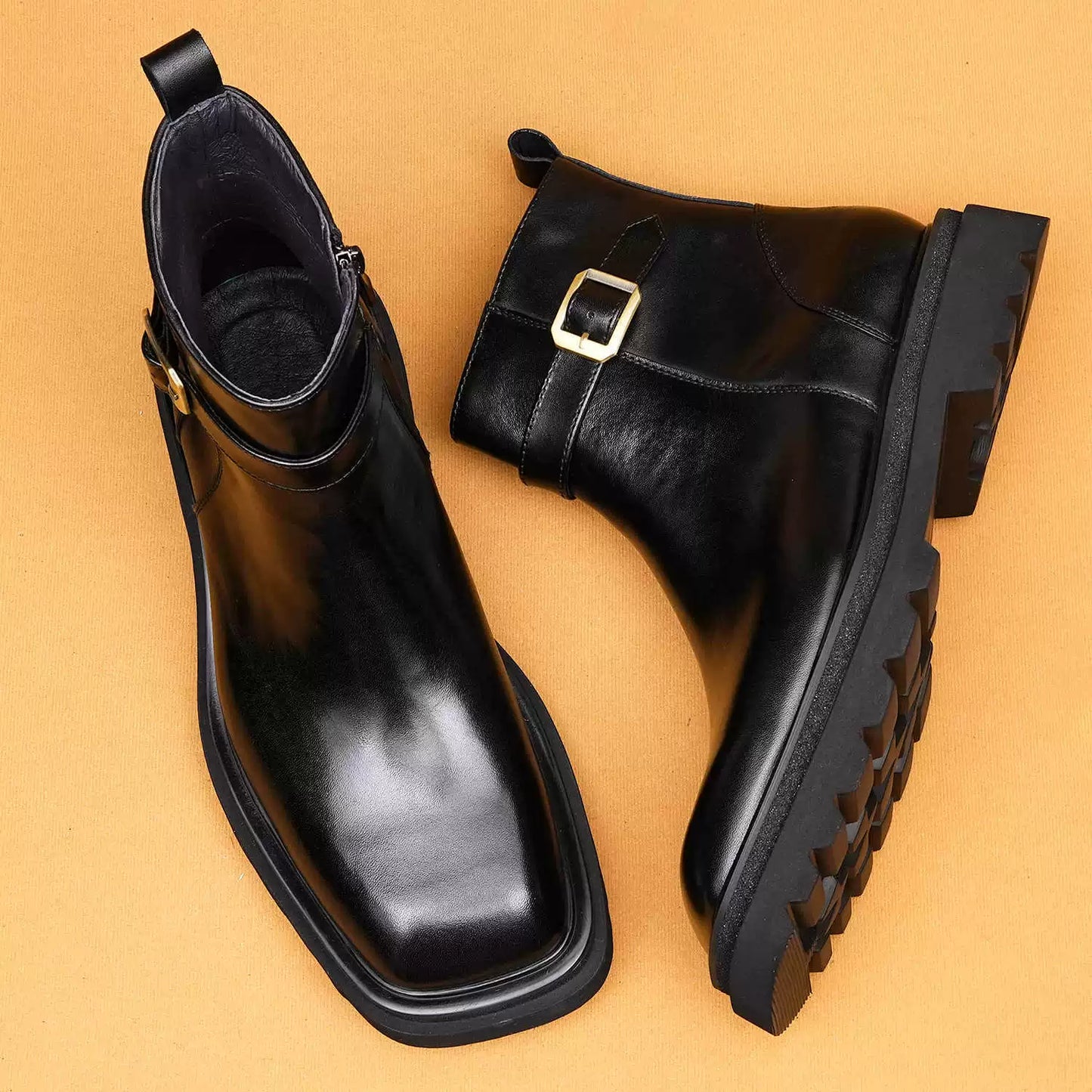 Square-Toe Zip-Up Chelsea High-Top Short Boots 96195