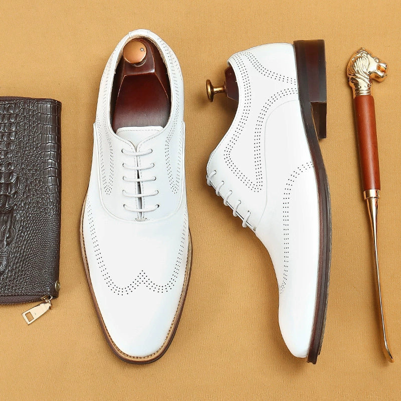 Men’s White Genuine Leather Brogue Oxfords 21008