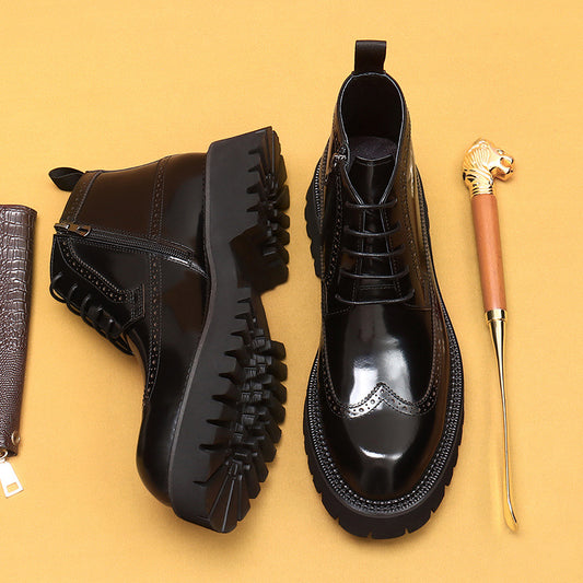 Top Layer Cowhide Men's Leather Shoes Martin Boots Men High Top British Style Carved Genuine Leather Brogue Boots Glossy Platform High-Top Shoes23683