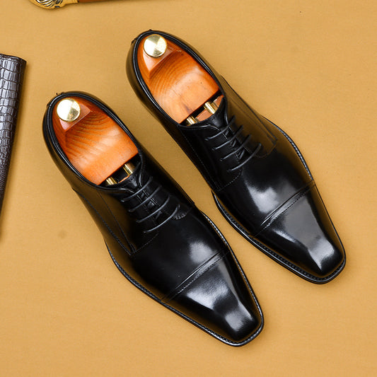 Men's Shoes Formal Business Leather Shoes British Genuine Cowhide Shoes Handmade Square Toe Shoes89252