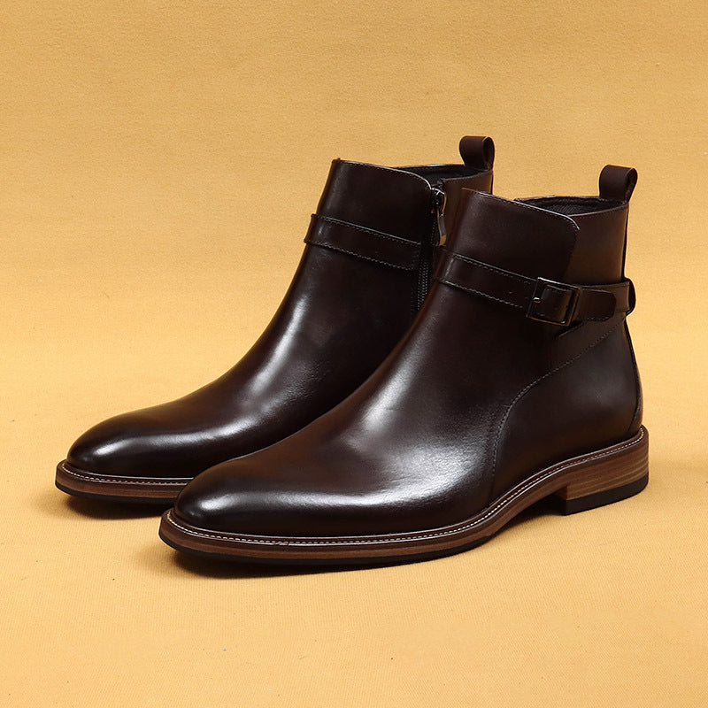 Erste Schicht Rindsleder Herren Lederschuhe Britische spitze Chelsea-Stiefel Herrenschuhe Winter Echtlederfutter Business Abendgarderobe Stiefeletten86213 