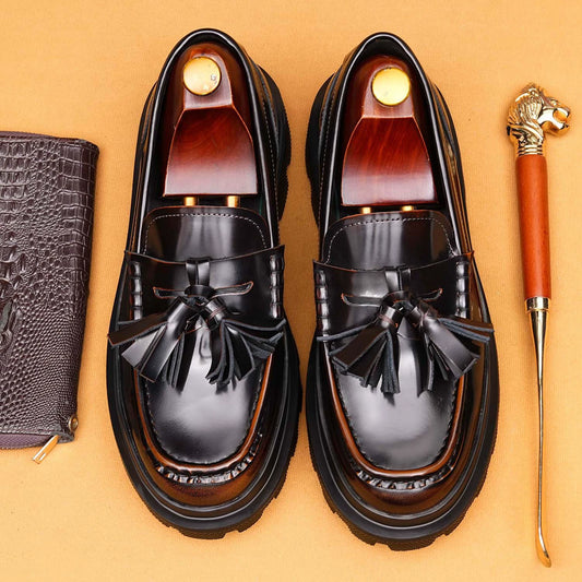 Men’s Thick-Sole Genuine Leather Glossy Loafers 86225