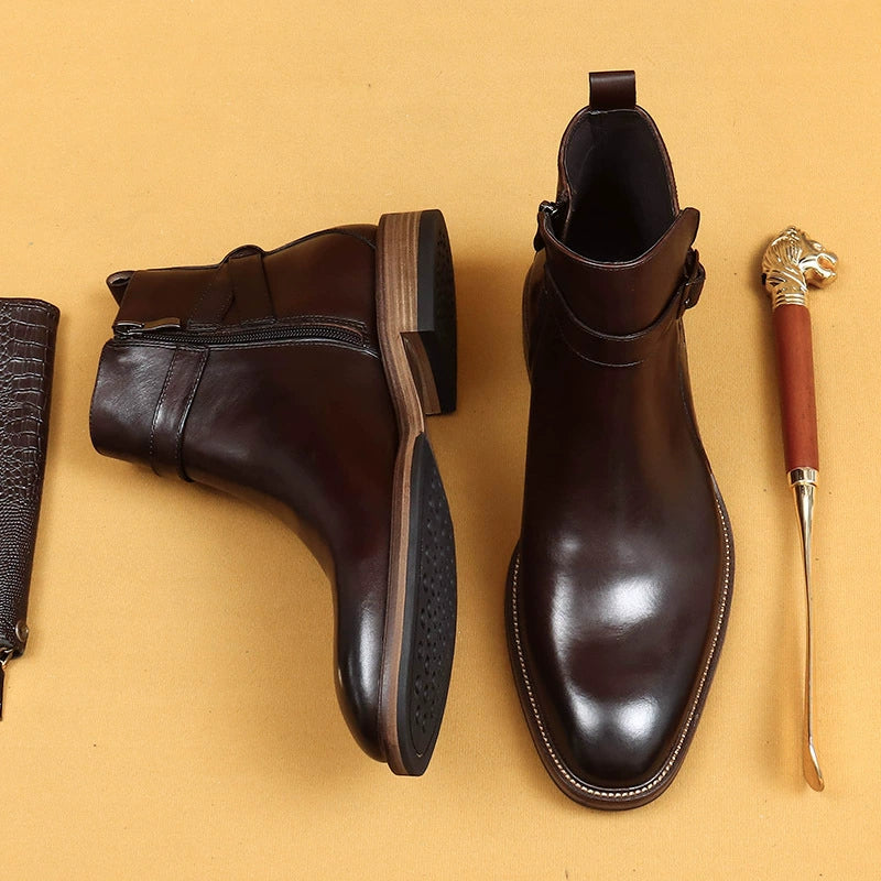 Erste Schicht Rindsleder Herren Lederschuhe Britische spitze Chelsea-Stiefel Herrenschuhe Winter Echtlederfutter Business Abendgarderobe Stiefeletten86213 