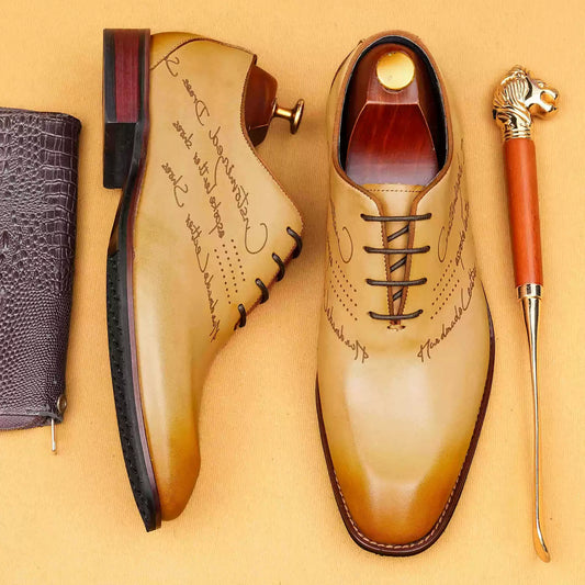 Men’s Laser-Engraved Letter Leather Oxford Shoes 65175