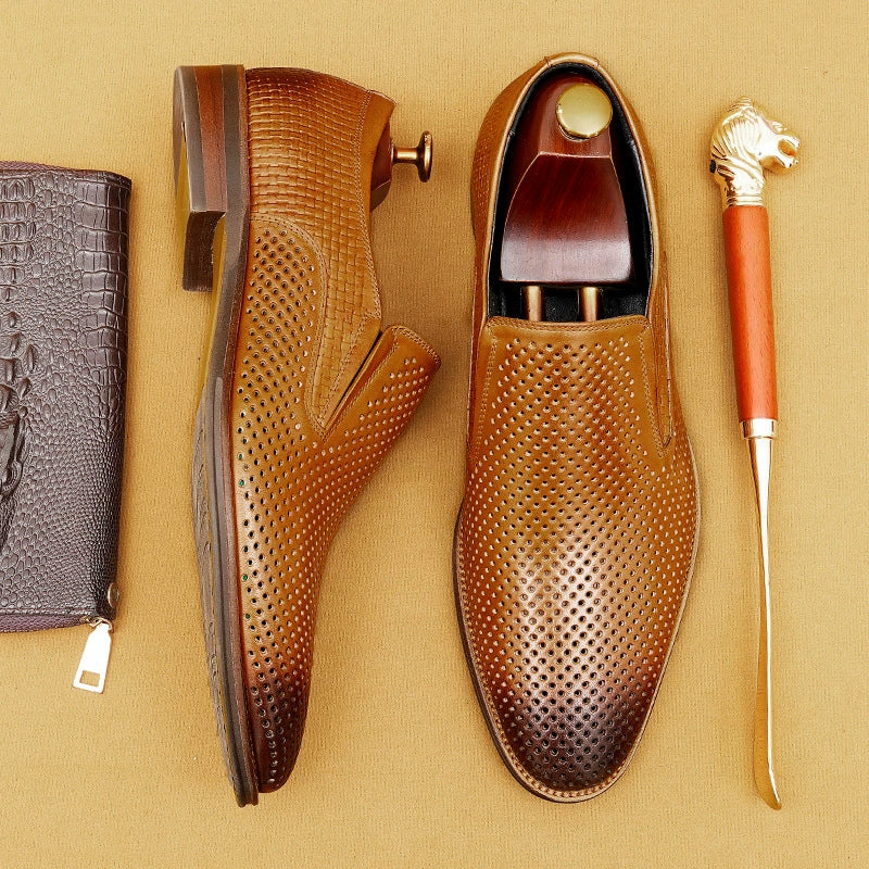 Men’s Genuine Leather Perforated Slip-On Shoes 21317