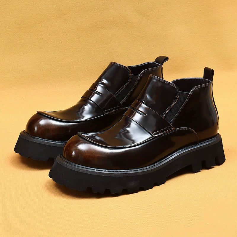 Chaussures en cuir de vachette de première couche pour hommes, chaussures à bout large, bottes pour hommes à gros pieds, bottes Chelsea à plateforme brillantes en cuir véritable doublées de polaire d'hiver 23699 
