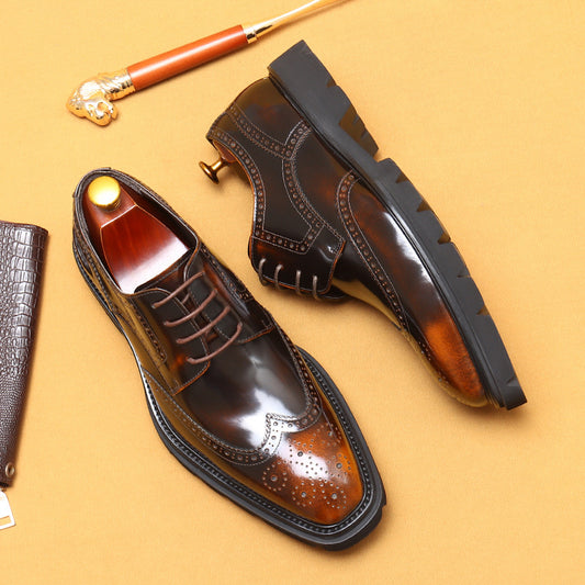 Top Layer Cowhide Business Casual Men's Shoes British Style Carving Brogue Square Toe Double Sole Formal Wear Shiny Leather Shoes96116