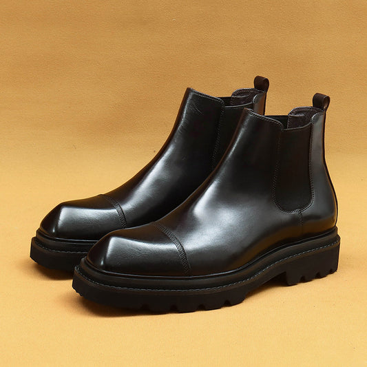 Top Layer Cowhide Men's Leather Shoes Winter Chelsea Boots Men's Ankle Boots Mid-Top British Authentic Leather Square Toe Thick Sole Increased by Cowhide Boots86217
