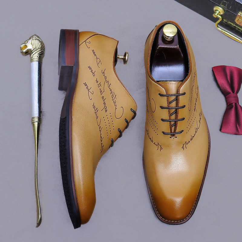 Men’s Laser-Engraved Letter Leather Oxford Shoes 65175