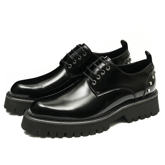 Layer Platform Height Increasing Shoes Genuine Leather England Style Rivet Business Casual Shoes Bright Leather Formal Shoes23671