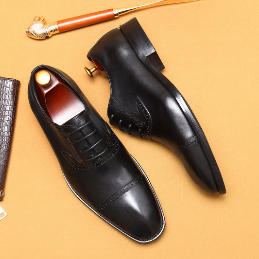 Top Layer Cowhide Men's Leather Shoes British Brogue Carved Leather Shoes Business Formal Wear Genuine Leather Pointed Oxford Shoes96111