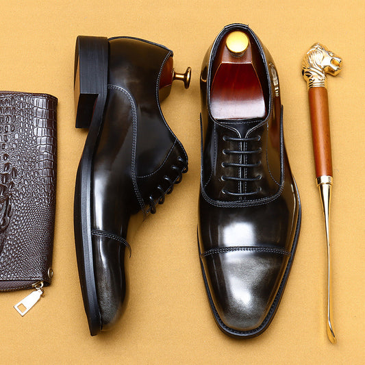 Chaussures en cuir de vachette de première couche pour hommes, vêtements de cérémonie pour hommes, chaussures Oxford pointues en cuir véritable, chaussures pour hommes en cuir verni brillant 