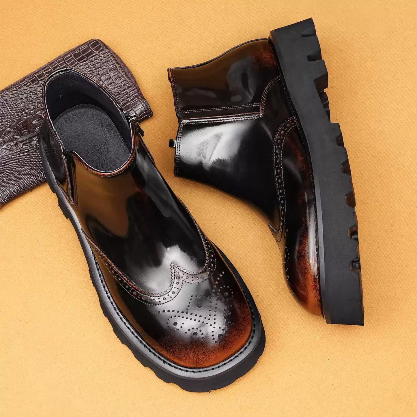 Men’s Premium Shiny Leather Brogue Chelsea Boots 25897